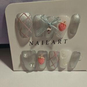 (5/$20)or(15/$45)NAILA Silver/White Press-On Nails with Pink Details Size: Large